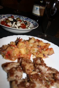 Pork Tenderloin, Potato Stew, Greek Salad & a Mourvedre