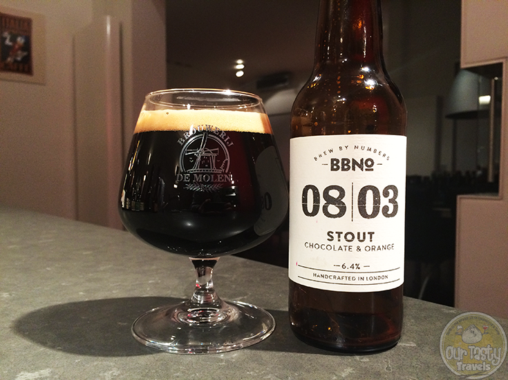 12-Feb-2015 : 08/03 Stout Chocolate & Orange by Brew by Numbers from London. Brewed with lactose, cacao & orange zest. 6.4% ABV. Poured a dark, dark brown, almost black. A small, creamy head. Very tasty beer. Definitely taste and smell the chocolate, with the orange definitely present as well. Excellent! #ottbeerdiary