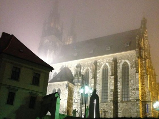 Foggy cathedral in Brno, Czech Republic