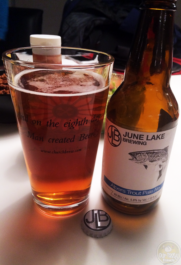 06-Oct-2015: Alpers Trout Pale Ale by June Lake Brewing. A very fine pale ale. Nice bitterness and flavor. Quite delicious! 5.8% abv. 49 IBU. #ottbeerdiary