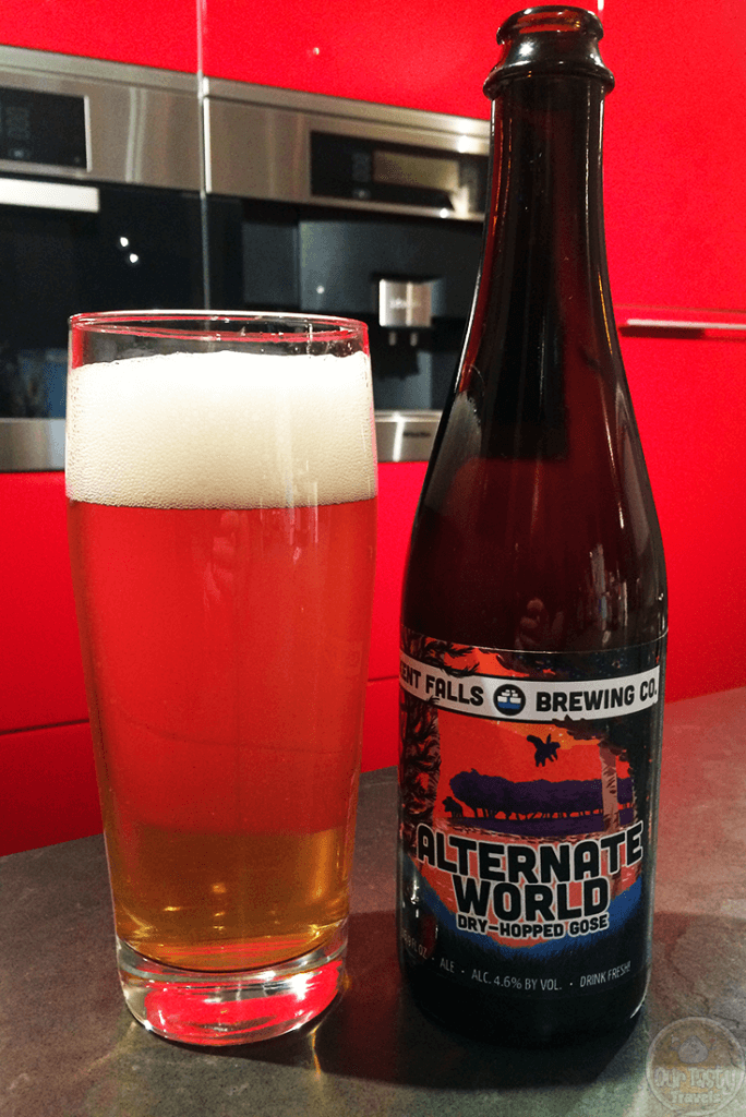 27-Jan-2016: Alternate World by Kent Falls Brewing Company. A 4.6% ABV Dry-Hopped Gose in a 16.9 FL OZ bottle. Sour, with some citrus and toasty wheat funk and a slightly salty finish. Made with their house brettanomyces strain and souring cultures. #ottbeerdiary