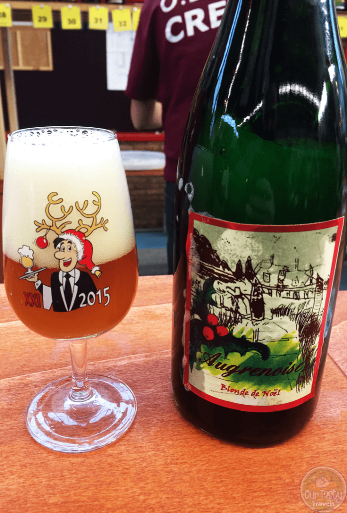 20-Dec-2015: Augrenoise Blonde de Noël by Brasserie Augrenoise. A 9.5% Christmas beer brewed at an annex of St. Alfred in Casteau, where the former Castle of Augrene serves as a home for the mentally handicapped. The label was hand-drawn by residents of the home. Brewed with Orval's yeast strain, fermented in an open tank. All ingredients come from Orval, and the brewing is assisted by the former brewer of Orval. The beer is yeasty, yet fruity. It's smooth. Very smooth. Toasty. But interesting. Really quite enjoyable. #ottbeerdiary #ottadvent15