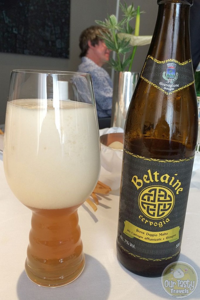 16-Jun-2015 : Birra Doppia Malto alle Castagne Affumicate e Ginepro by Beltaine. Part of the outstanding drink pairing menu we chose with our lunch at the new world's #2 best restaurant, Osteria Francescana by Chef Massimo Bottura. Beautiful spices in this beer. Paired great with the "Rice and Polenta that wants to be a Pizza" dish. #ottbeerdiary