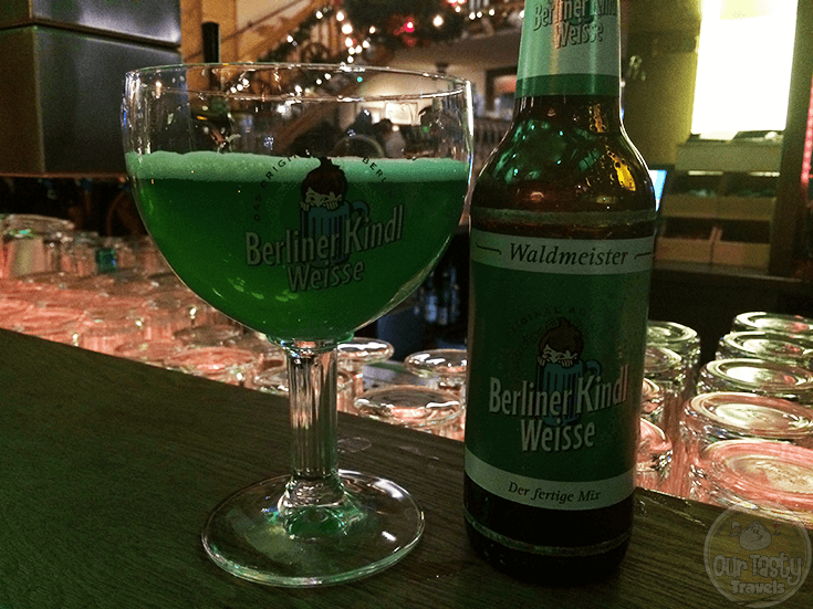 27-Nov-2015: Berliner Kindl Weisse mit Schuss Waldmeister by Berliner-Kindl-Schultheiss-Brauerei. Wtf? It's bright green?!? Like, Neon! That was quite unexpected when it was placed in front of me. And so was its quality! A marzipan, nutty, sour flavor. Quite a surprise vs the first appearance. But...I do like it! #ottbeerdiary