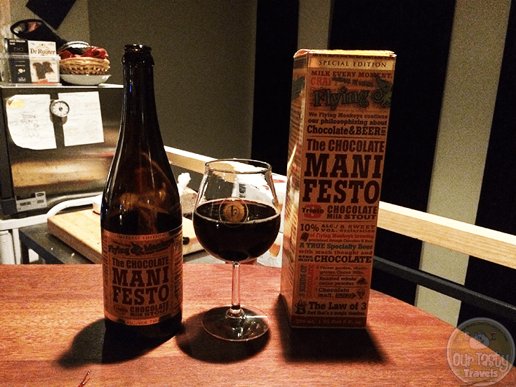 24-Nov-2015: The Chocolate Manifesto - Triple Chocolate Milk Stout by Flying Monkeys Craft Brewery. Not enough body, and no real beer flavor to speak of. No hop bitter. Chocolatey, but more chocolate powder tasting. I'm disappointed. #ottbeerdiary