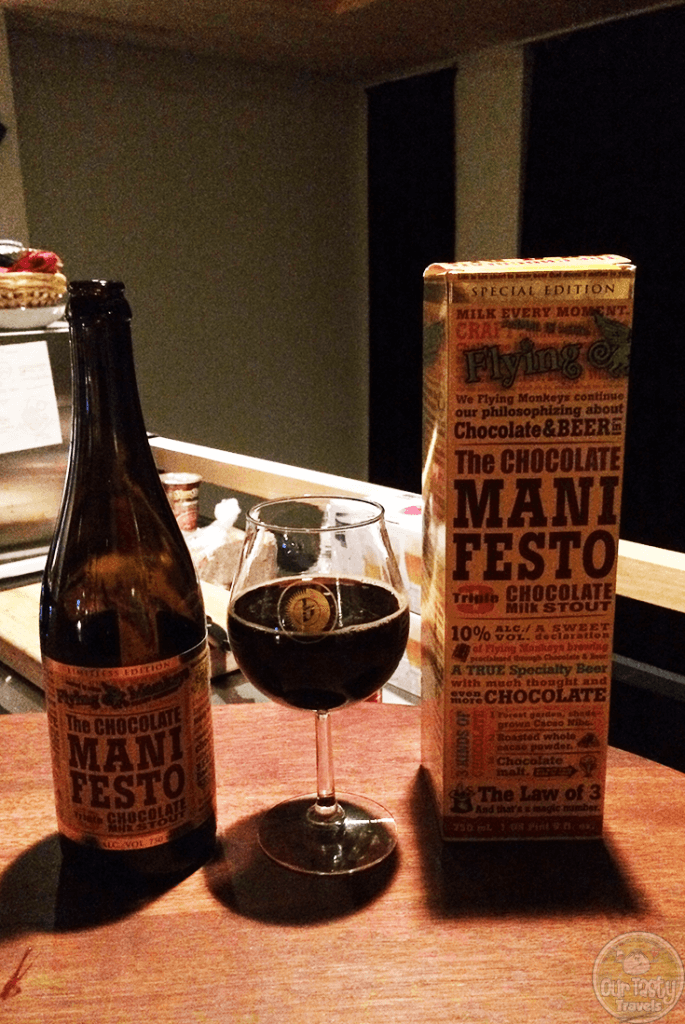 24-Nov-2015: The Chocolate Manifesto - Triple Chocolate Milk Stout by Flying Monkeys Craft Brewery. Not enough body, and no real beer flavor to speak of. No hop bitter. Chocolatey, but more chocolate powder tasting. I'm disappointed. #ottbeerdiary