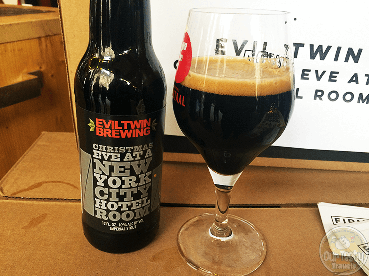 19-Dec-2015: Christmas Eve at a New York City Hotel Room by Evil Twin Brewing. A 10% ABV Imperial Stout. Holy burnt tootsie roll! This has the flavors; the dark chocolate/caramel and some vanilla. But then a burnt smokeyness follows. Nice! #ottbeerdiary #ottadvent15