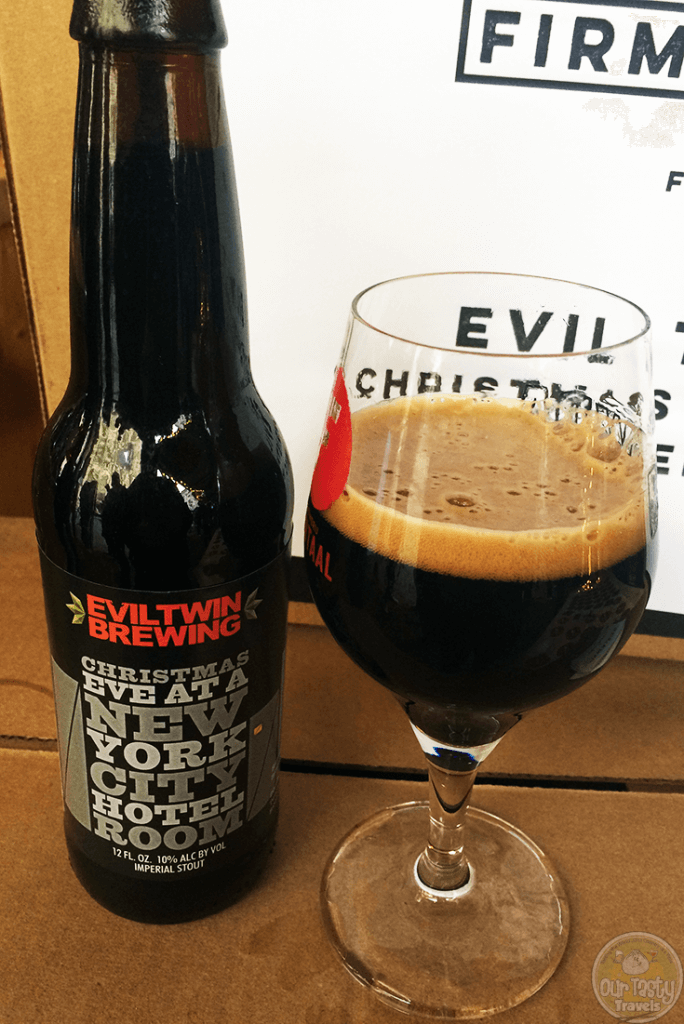 19-Dec-2015: Christmas Eve at a New York City Hotel Room by Evil Twin Brewing. A 10% ABV Imperial Stout. Holy burnt tootsie roll! This has the flavors; the dark chocolate/caramel and some vanilla. But then a burnt smokeyness follows. Nice! #ottbeerdiary #ottadvent15