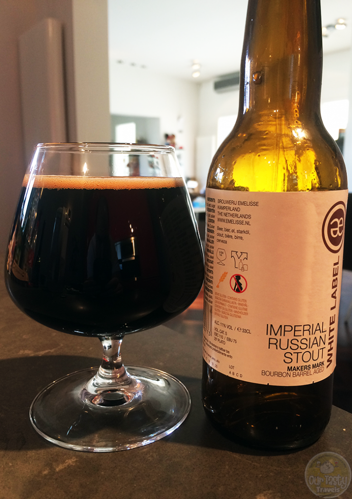 27-Sep-2015: White Label Imperial Russian Stout Maker's Mark Bourbon Barrel Aged by Bierbrouwerij Emelisse. Very little head. Subdued flavors. Some toffee caramel aroma. Slight sweetness and dark bitterness underneath. Not a lot of barrel. #ottbeerdiary