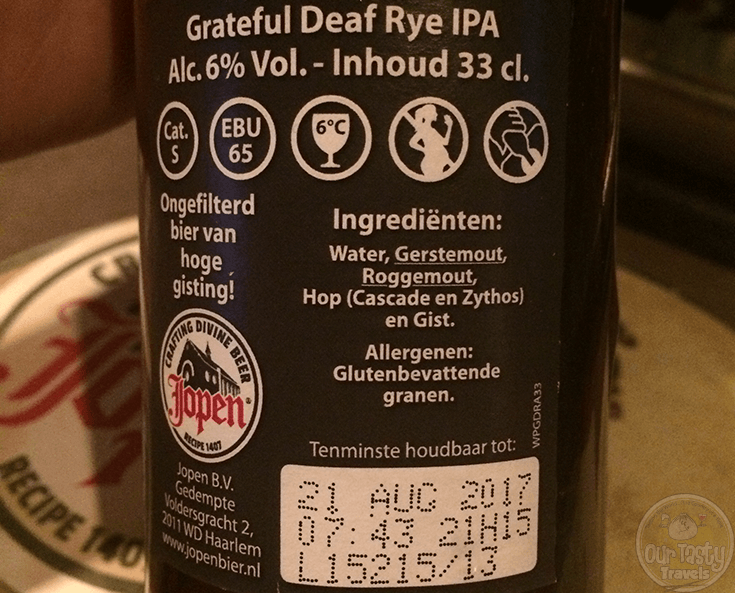 15-Jan-2016: Grateful Deaf Rye IPA (2015) by Jopen. A nice IPA. Malty, with nice rye notes. Hoppy and bitter. Some citrus notes, a little floral even in the end. A 6% Rye IPA. #ottbeerdiary