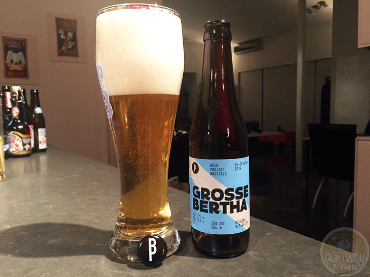 05-Jan-2016: Grosse Bertha by Brussels Beer Project. A 7% Hefeweizen. A fine Hefeweizen. Wheaty aroma. Crisp flavor. Moderate fruit and flowery flavors, a little banana. Tasty. #ottbeerdiary