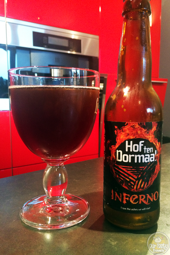 13-Jul-2015 : Hof Ten Dormaal Inferno by Brouwerij Hof Ten Dormaal. In January, 2015, the Hof ten Dormaal brewery burned to the ground, and with it their bottling line, hot room, and most of their stock. This beer is a blend from what they were able to salvage. Smokey and sour. This is actually a very good beer! #ottbeerdiary