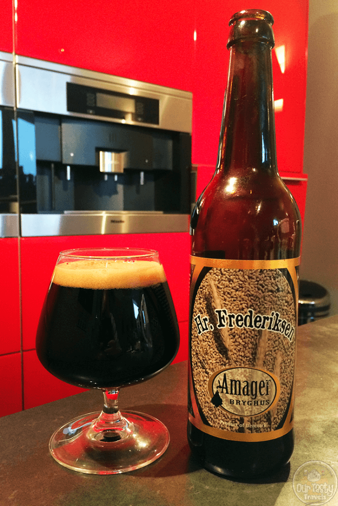 23-Jan-2016: Hr. Frederiksen by Amager Bryghus of Kastrup, Denmark, a suburb of Copenhagen. 10.5% ABV from 50cl bottle. Batch 833. Pitch black color. A little head on the pour. Dark bitter flavors, a little burnt. Cocoa aroma. Full body, not watery at all. Flavor even deeper than the aroma. Eight different roasted malts and American Centennial hops give the body and the bitterness. #ottbeerdiary