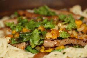 Close up of stir-fry pork and corn