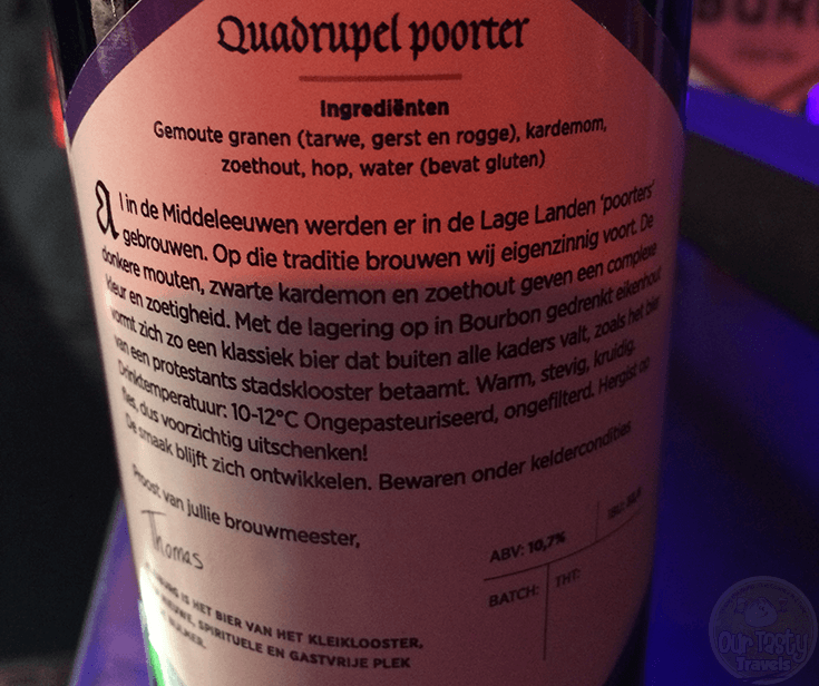 16-Jan-2016: Quadrupel Poorter by Brouwerij Kleiburg. One of the best beers I tried today at the Amsterdams Bierfeest at Conscious Hotels in Amsterdam. Nine Amsterdam Brewers, all of them brining their A-game. This is really an excellent Porter. Quite delicious. Nice mix of dark, bitter, and sweet. #ottbeerdiary