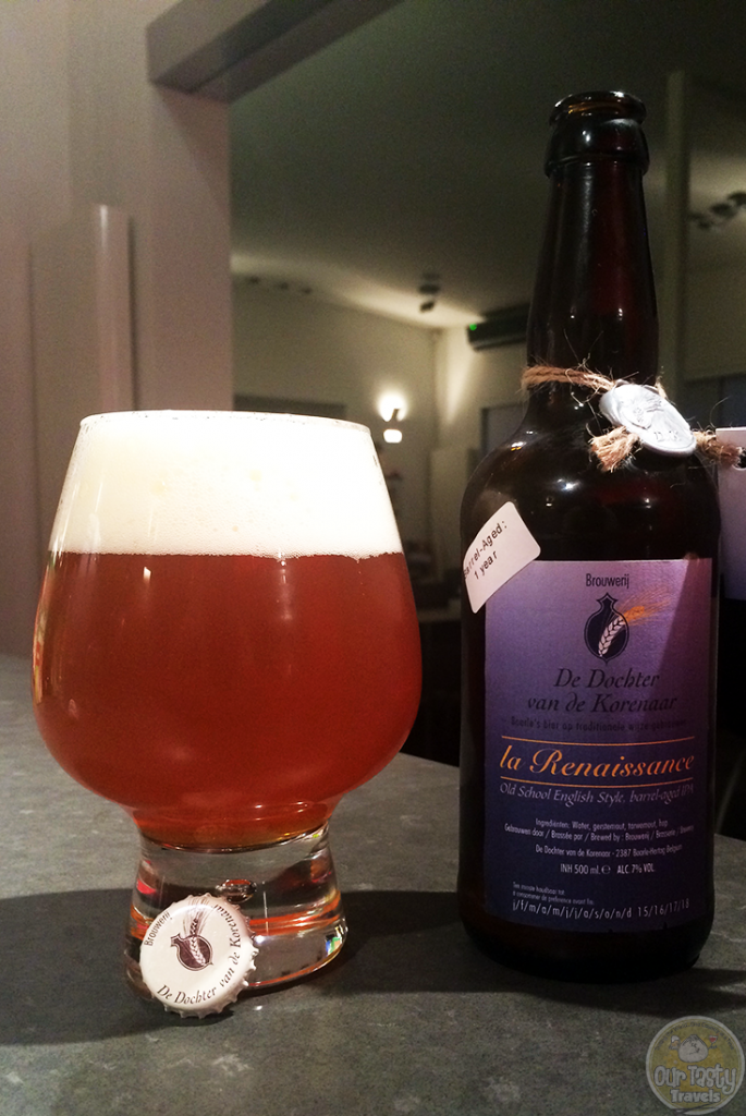 24-Aug-2015: La Renaissance Barrel Aged 1 Year by De Dochter van de Korenaar. Old School English Style, barrel-aged IPA. A fine IPA. Nice citrus bitterness, smoothed by the barrel. Perhaps a hint of vanilla underneath from the Chardonnay barrels. Delicious! #ottbeerdiary