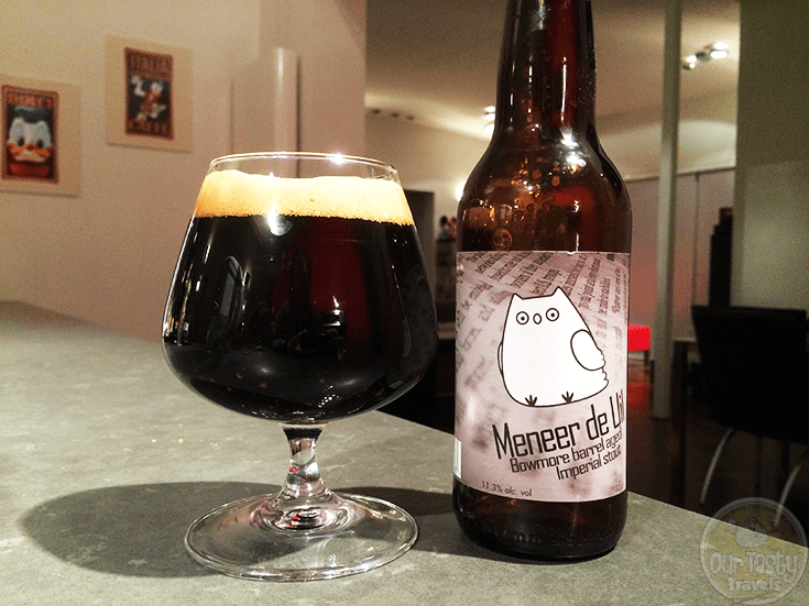 25-Nov-2015: Meneer de Uil - Bowmore Barrel Aged Imperial Stout by Het Uiltje. Strong barrel aroma. Peaty barrel flavor. Some dark coffee bitter sneaking in underneath. But mostly barrel. Pehaps too much. 85 EBU? Really? #ottbeerdiary