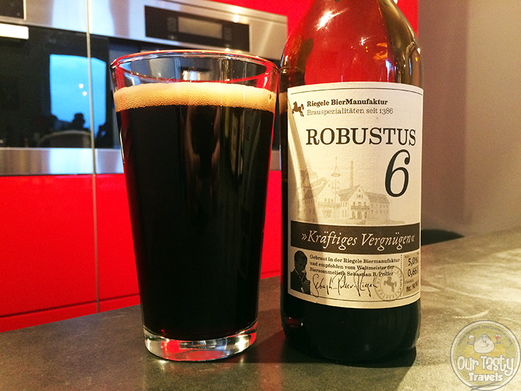 2-Apr-2015: Robustus 6 by Riegele BierManufaktur. "Kraftiges Vergnugen", or Strong Pleasure. Pitch black color with a dark creamy head. Not much aroma and flavor at first, but once it sits in the glass a few minutes, both really come out. Lots of chocolate and coffee aroma and flavor both. Definitely be patient with this one! #ottbeerdiary